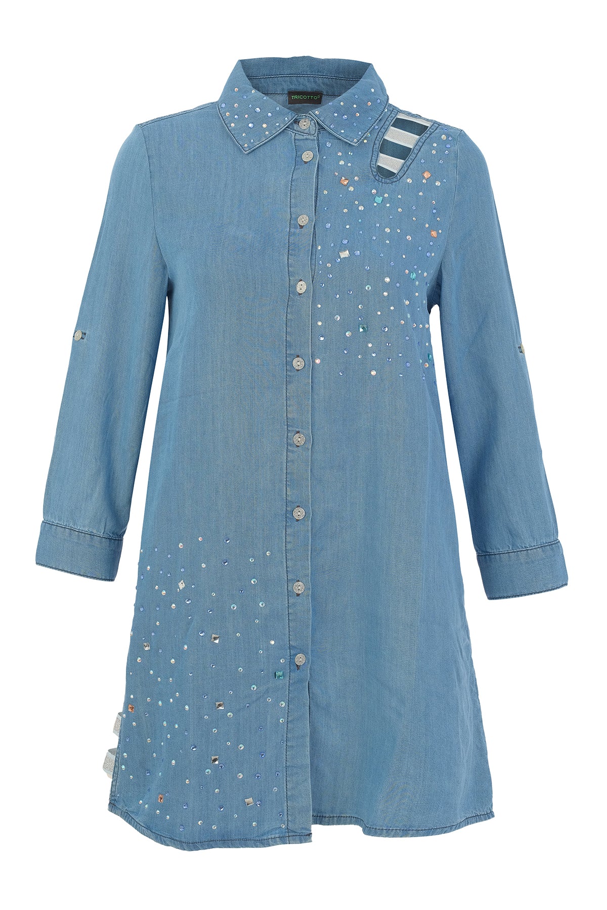 Blue denim dress with star patterns on a white background