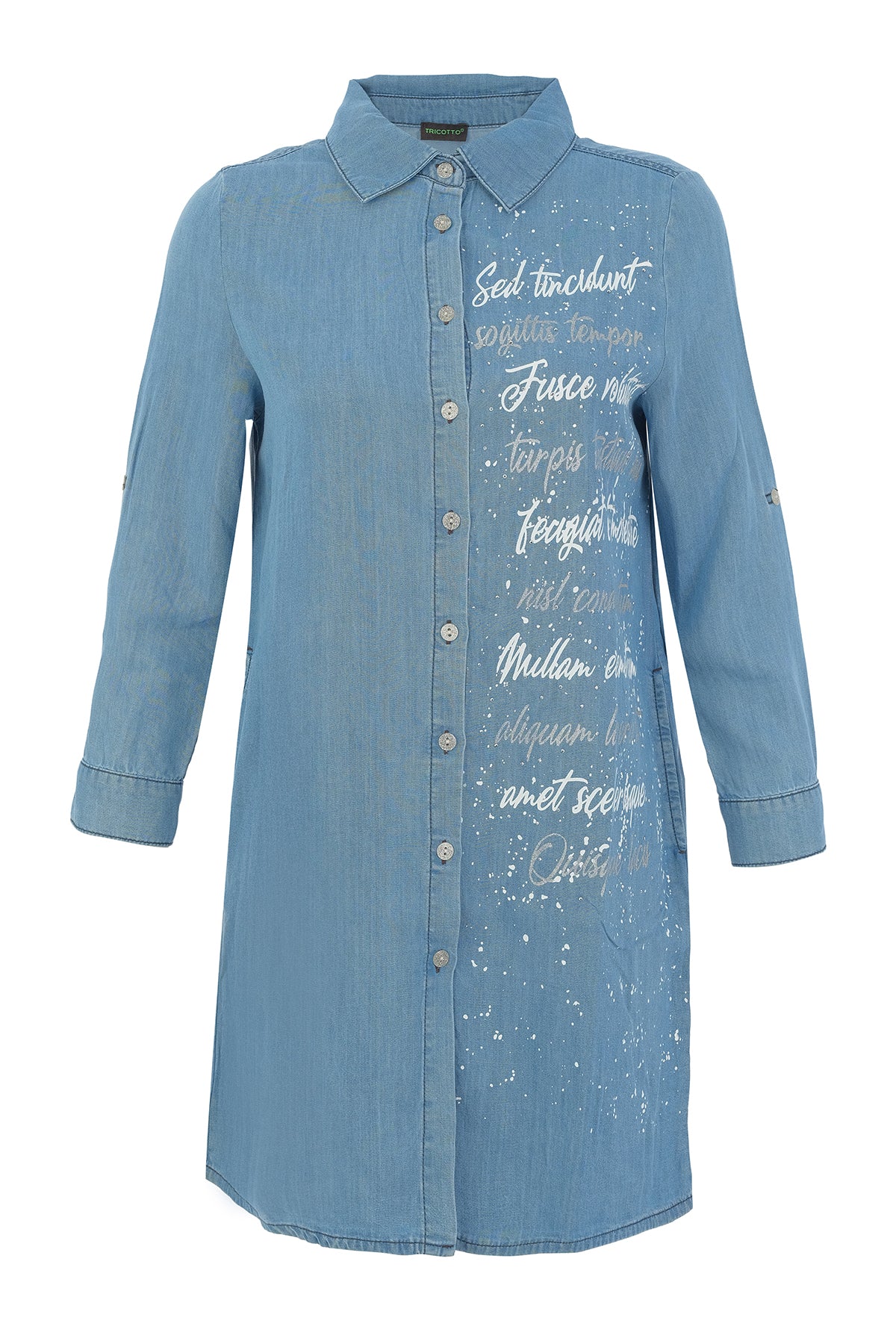 Blue denim shirt dress with text on a white background