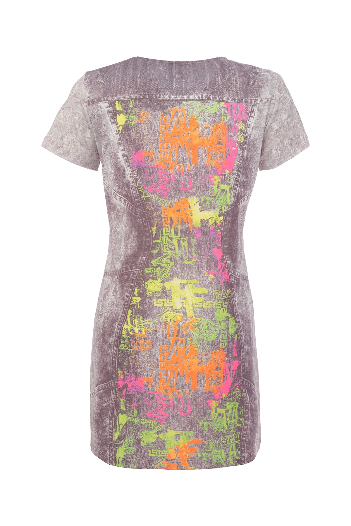 Gray t-shirt with colorful abstract pattern on a white background