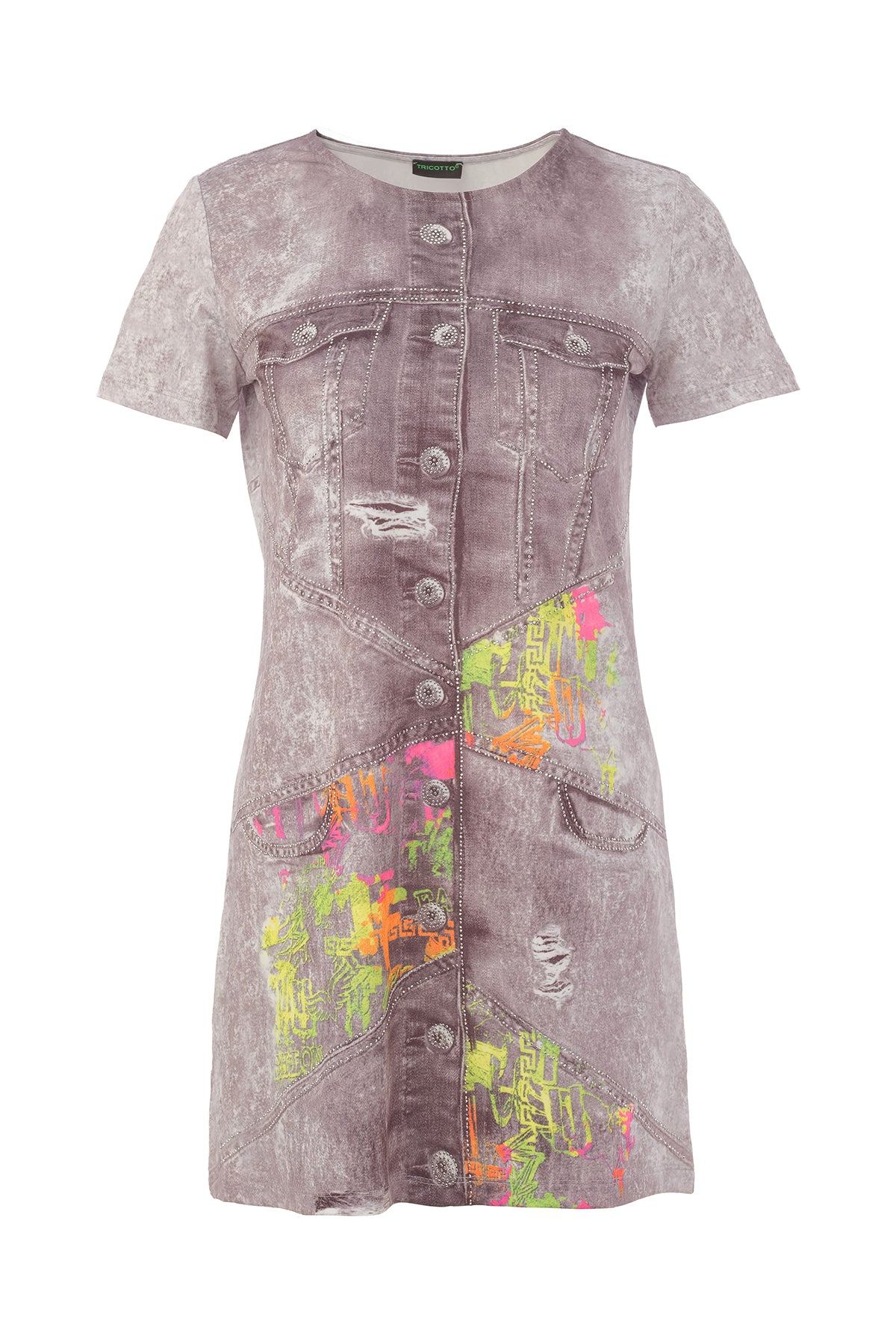 Gray denim dress with colorful graphic design on a white background