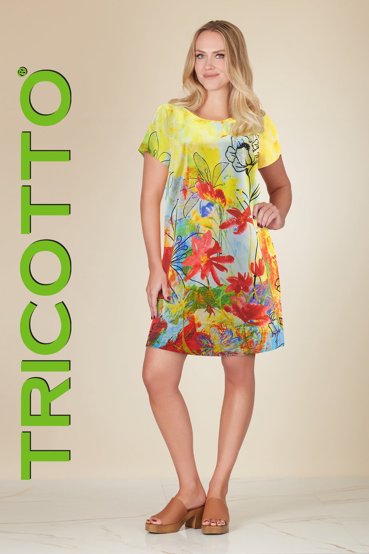 Tricotto Sequin Floral Knit Dress In A line Silhouette with Print On Front and Back