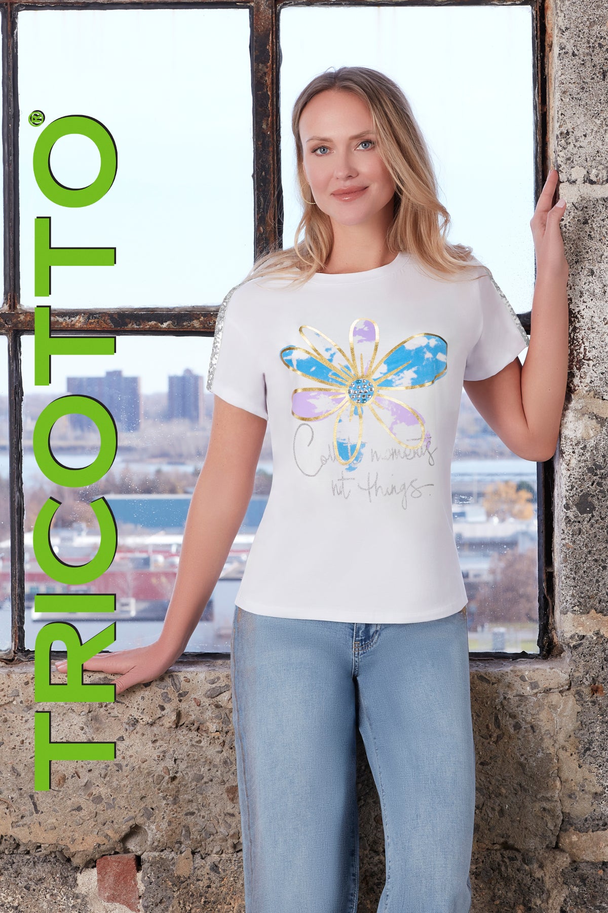 Tricotto white purple t-shirt with front sequin print detail