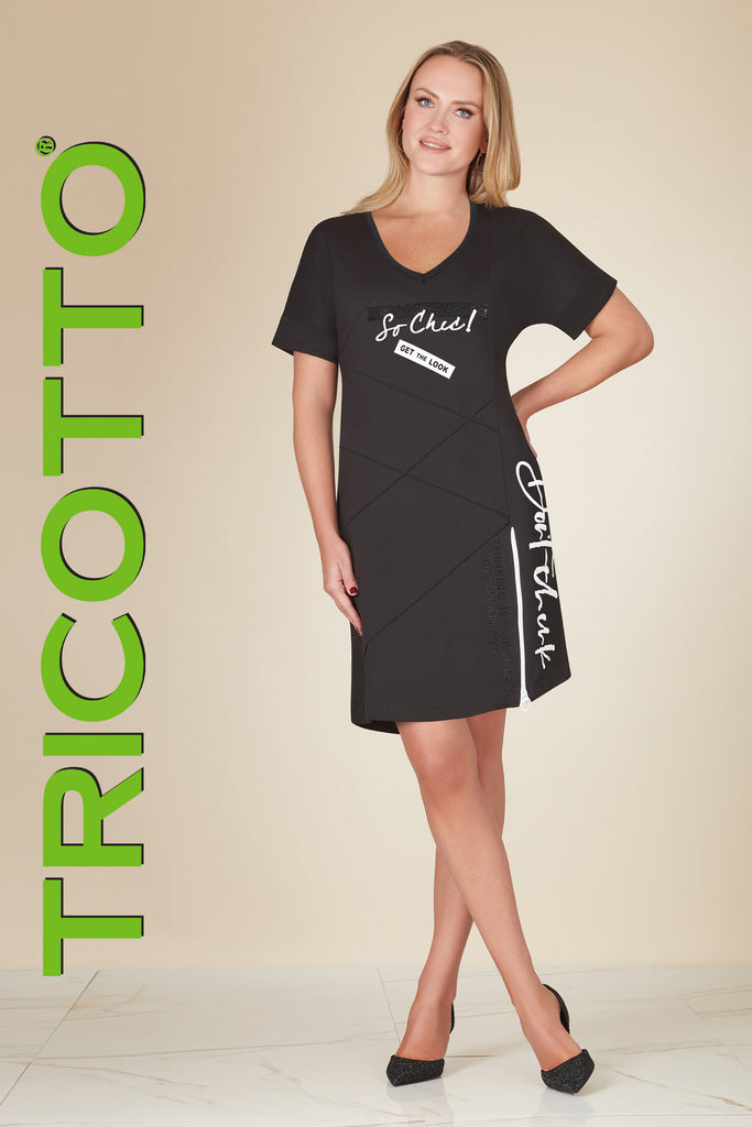 Tricotto Black-white Dress With Sequin Fashion Print And Working Zipper Detail