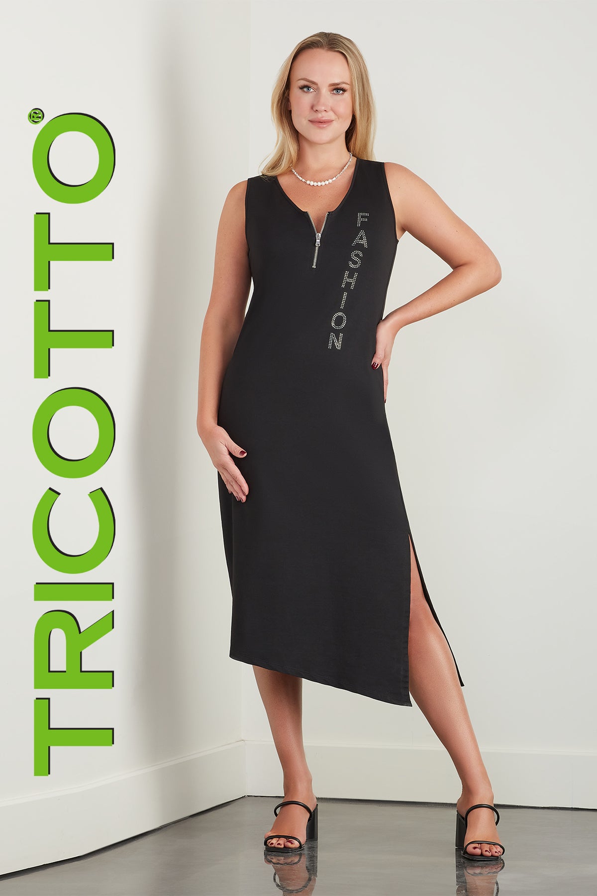 Tricotto Black Sleeveless Maxi dress with Silver Sequin Fashion Print Detail