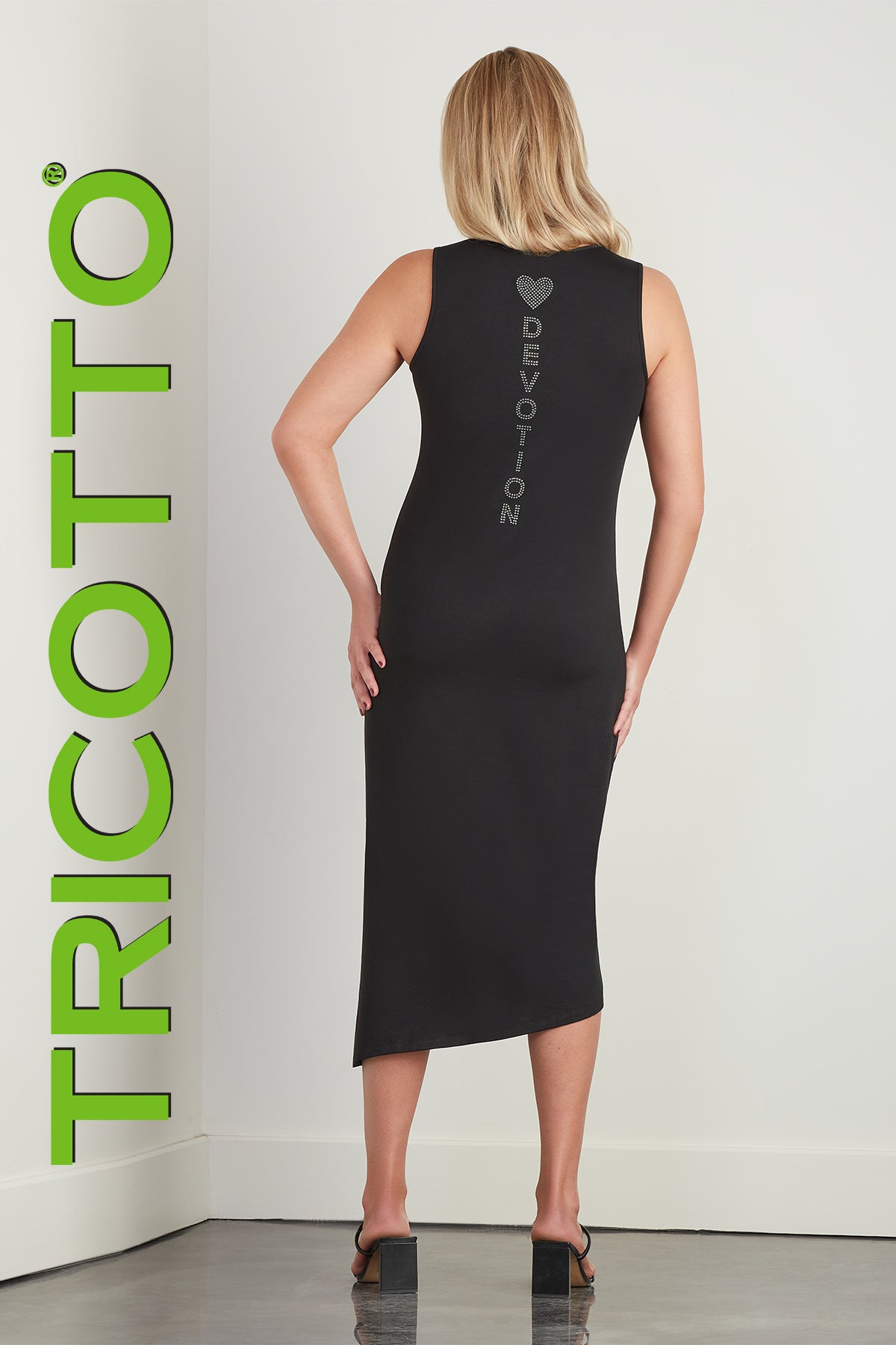 Tricotto Black Sleeveless Maxi dress with Silver Sequin Fashion Print Detail