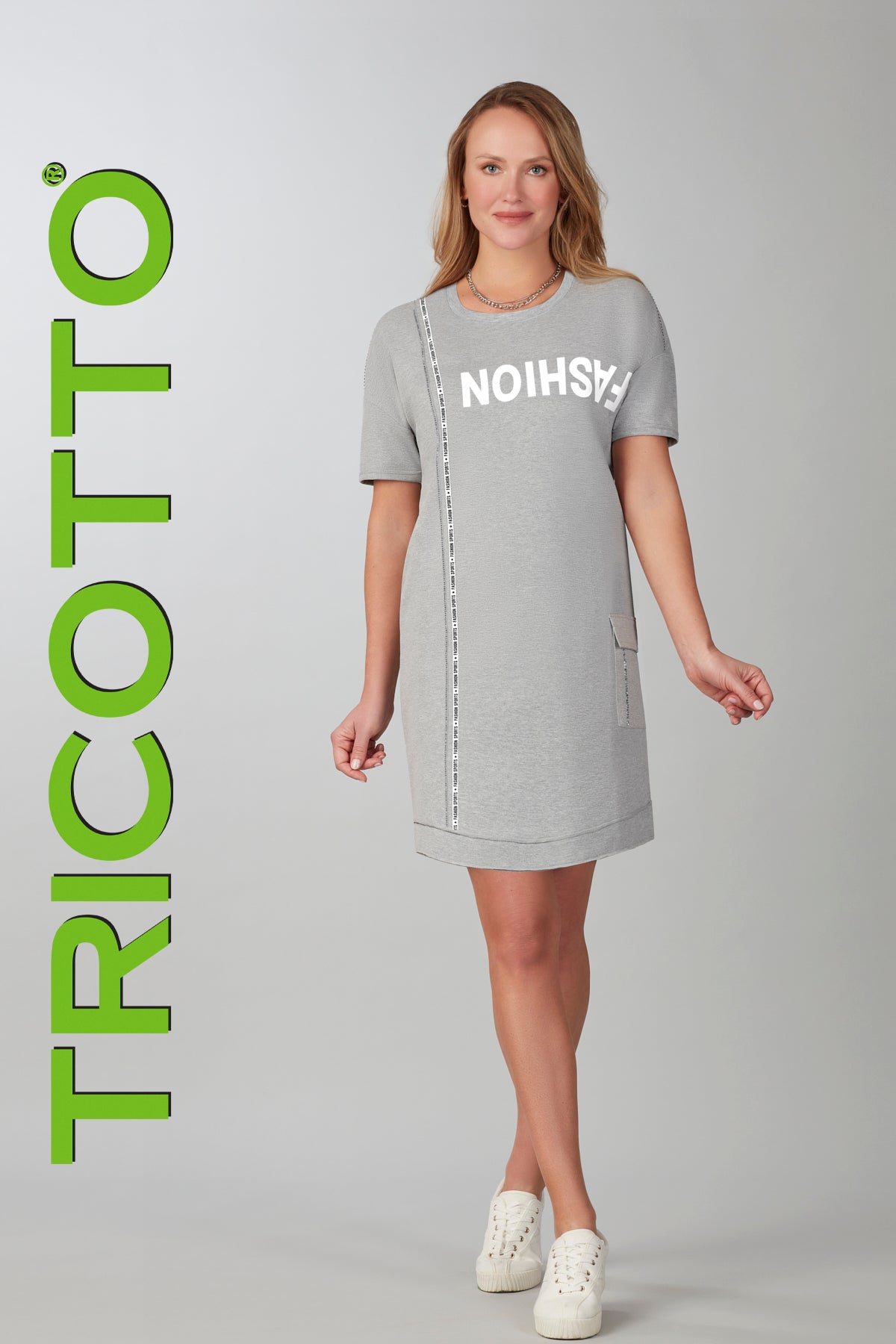 Tricotto grey cotton knit dress with front sequin print detail