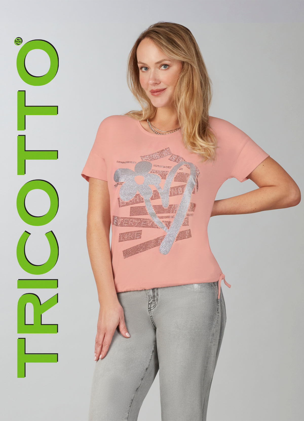 Tricotto coral t-shirt with front silver grey sequin detail