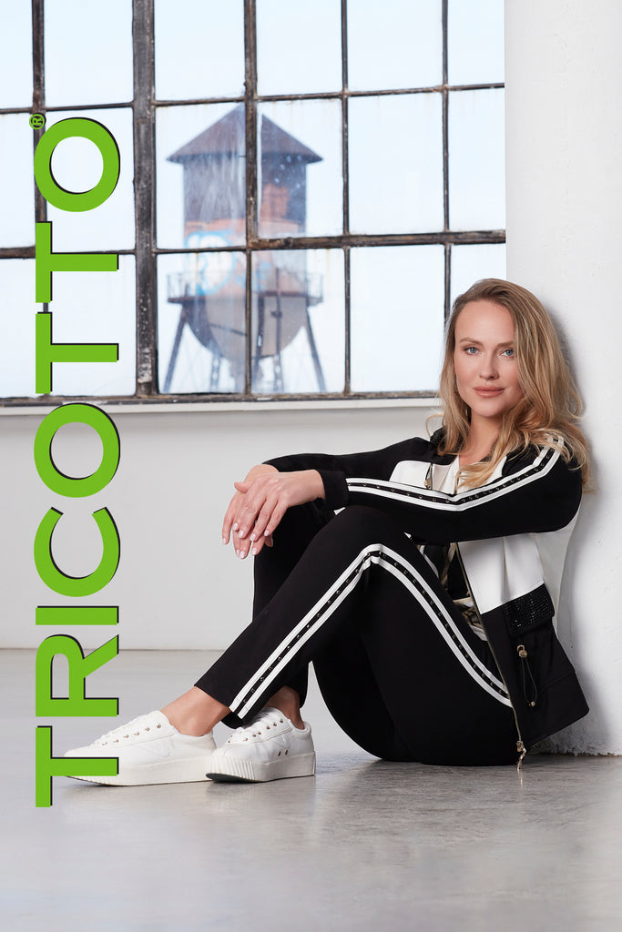 Tricotto Black-white casual pull on knit pant with side white stripe detail