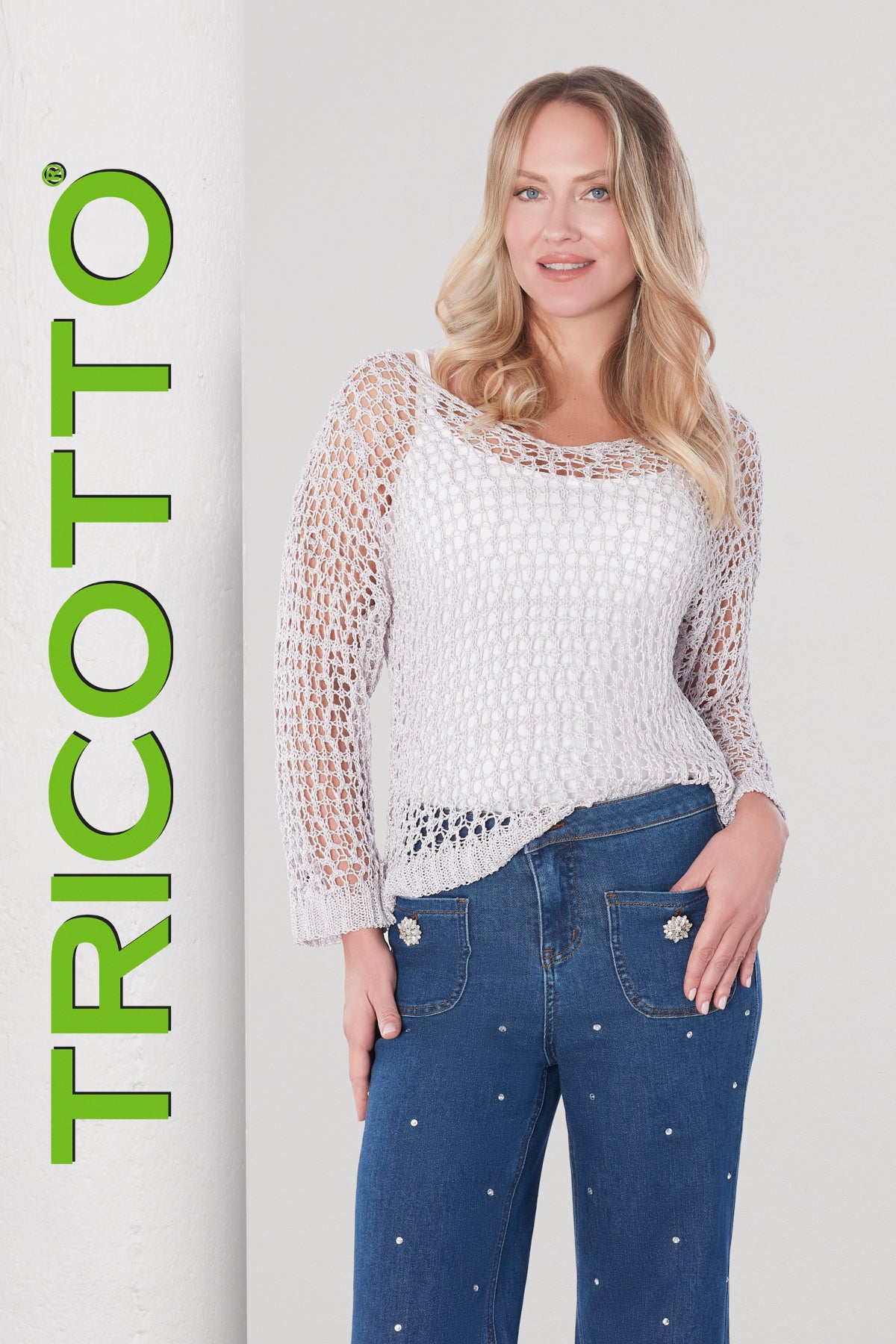 Tricotto Crochet Knit Sweater In Grey