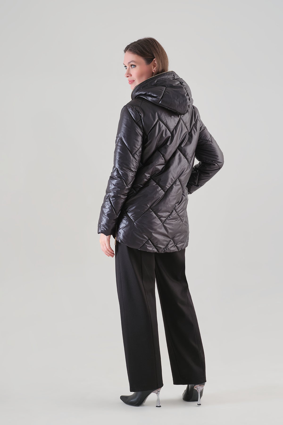 High Fashion Quilted Coat With Sequin And Gold Zip Detail. Tricotto 96037
