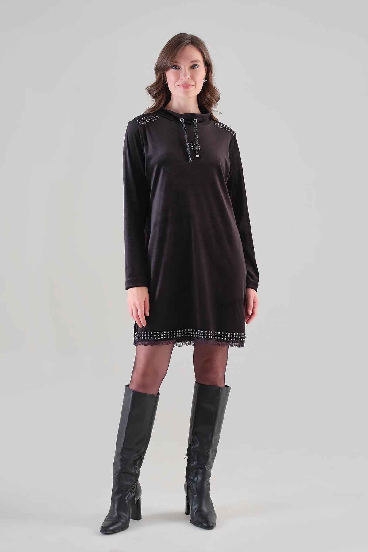 Casual Knit Velvet Dress With Crystal Stone Detail. Tricotto 96056