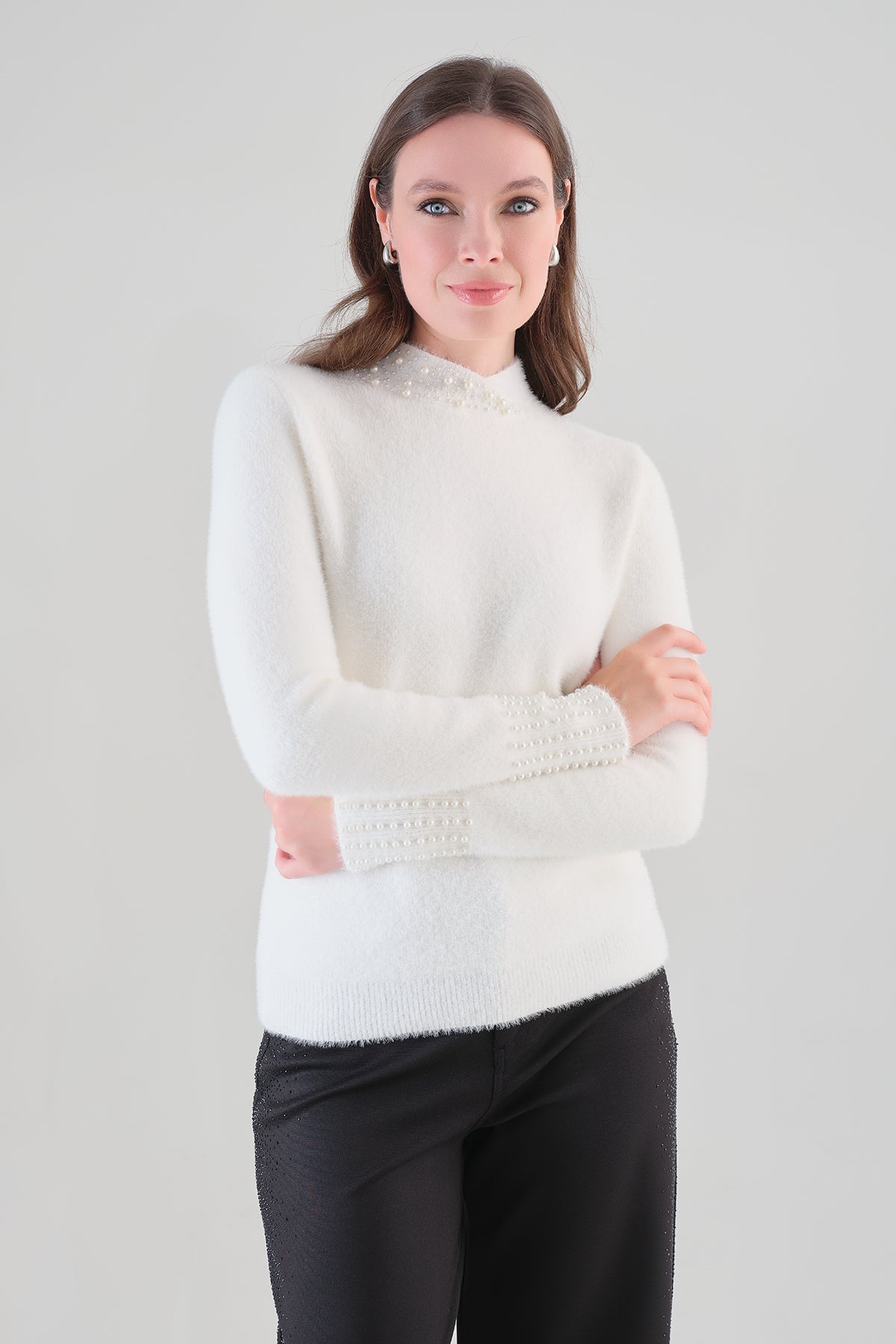 Premium Eyelash knit Sweater With White Pearl Detail. Tricotto 96219