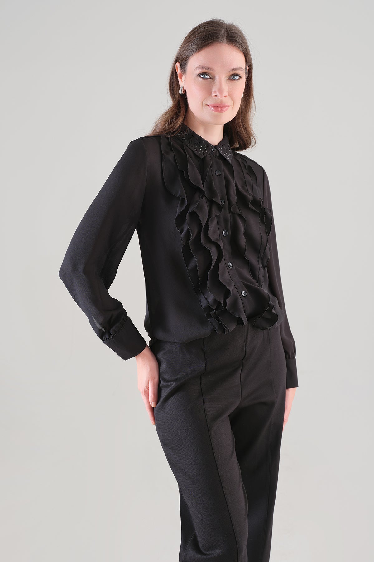 Ruffled Woven Knit Blouse. Tricotto 96222