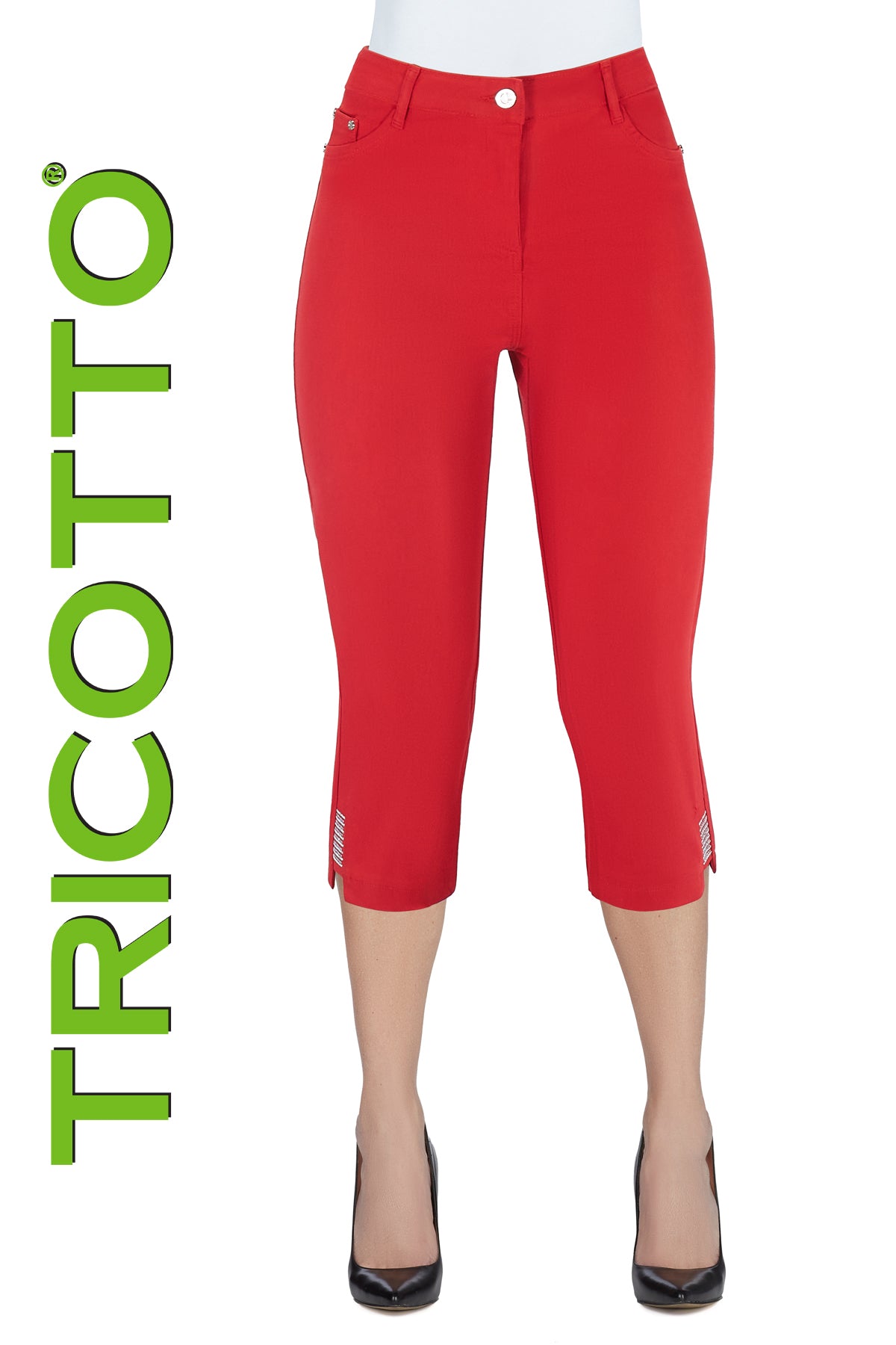 Tricotto Red Capris With Fly Front and Silver Sequin Detail