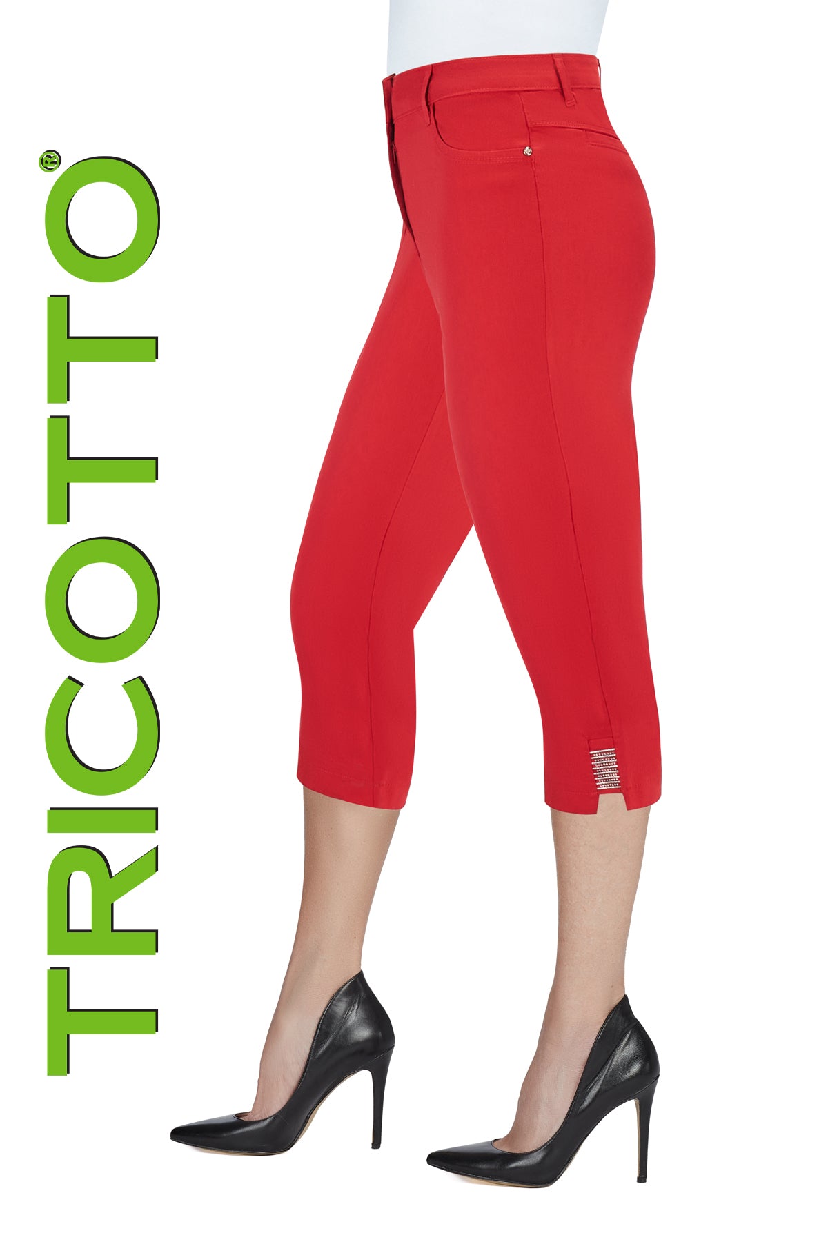 Tricotto Red Capris With Fly Front and Silver Sequin Detail