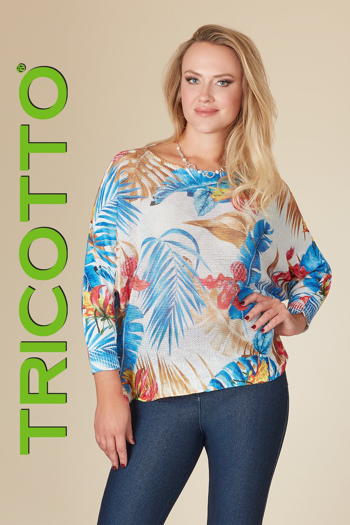 Tricotto Blue- Off White Floral Print Sweater