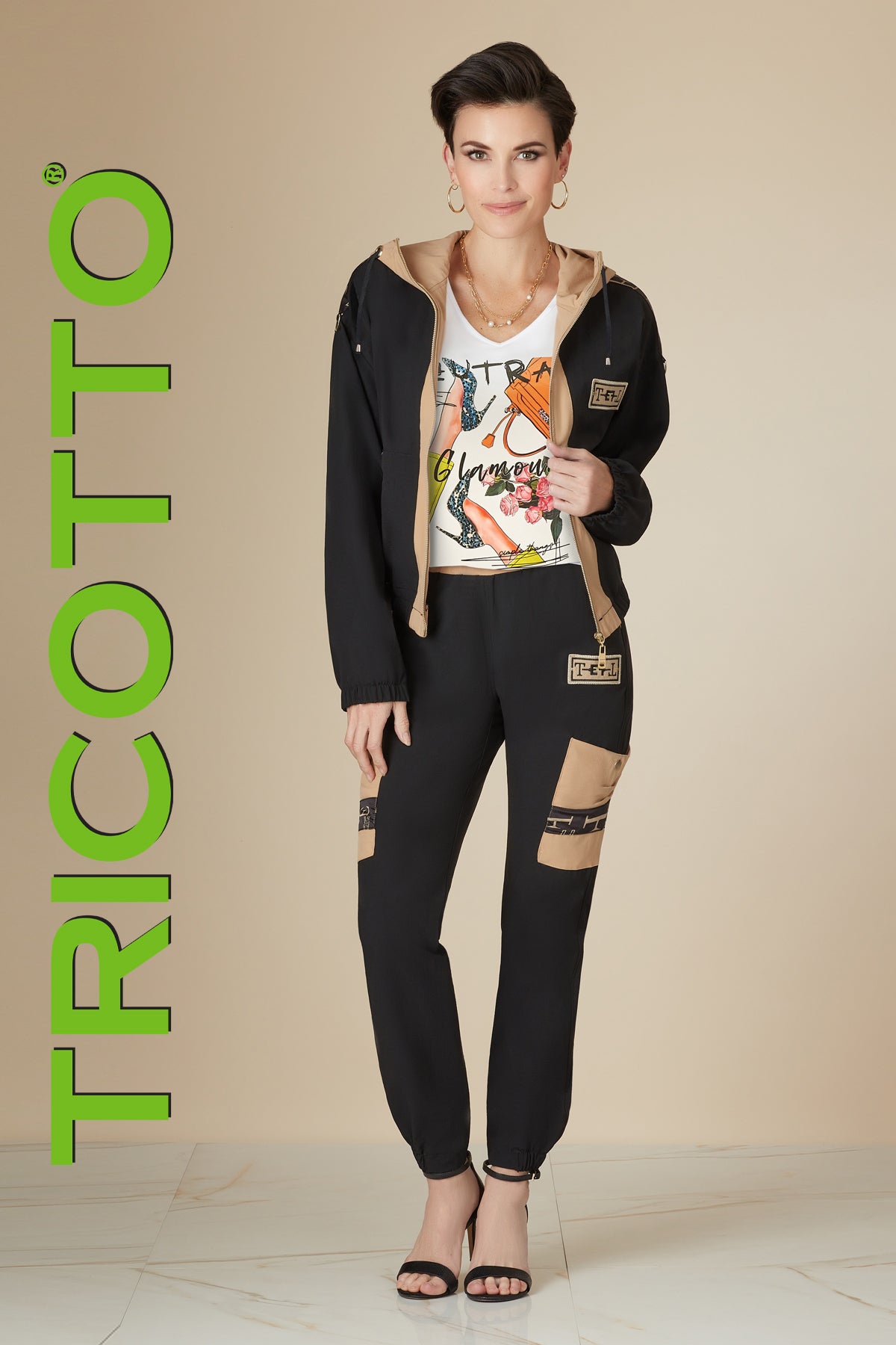 Tricotto Microfibre Hoodie Bomber Jacket In Black-beige with pockets and print detail