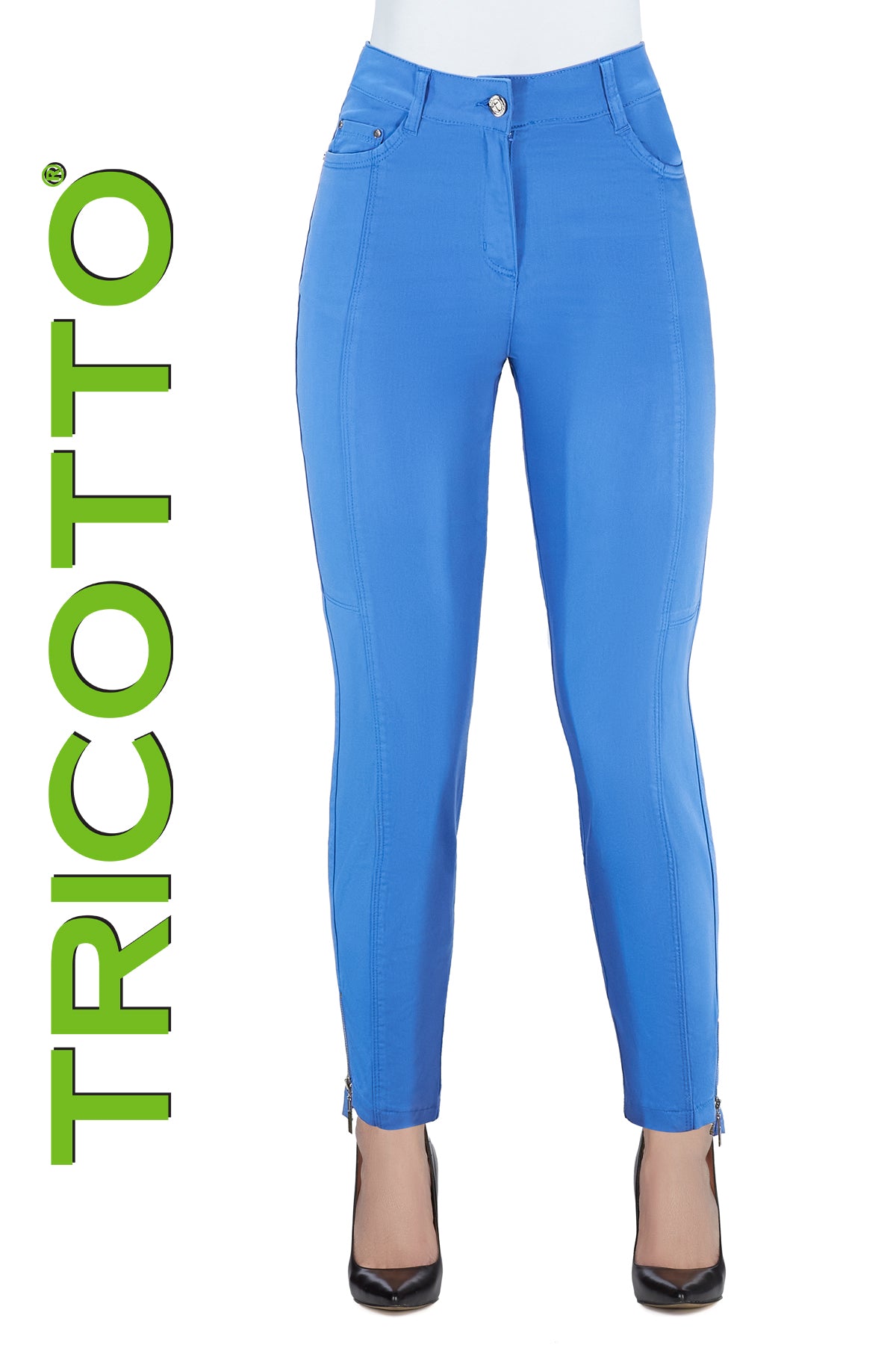 Tricotto Blue pants with zip front, belt loops and zipper hem detail