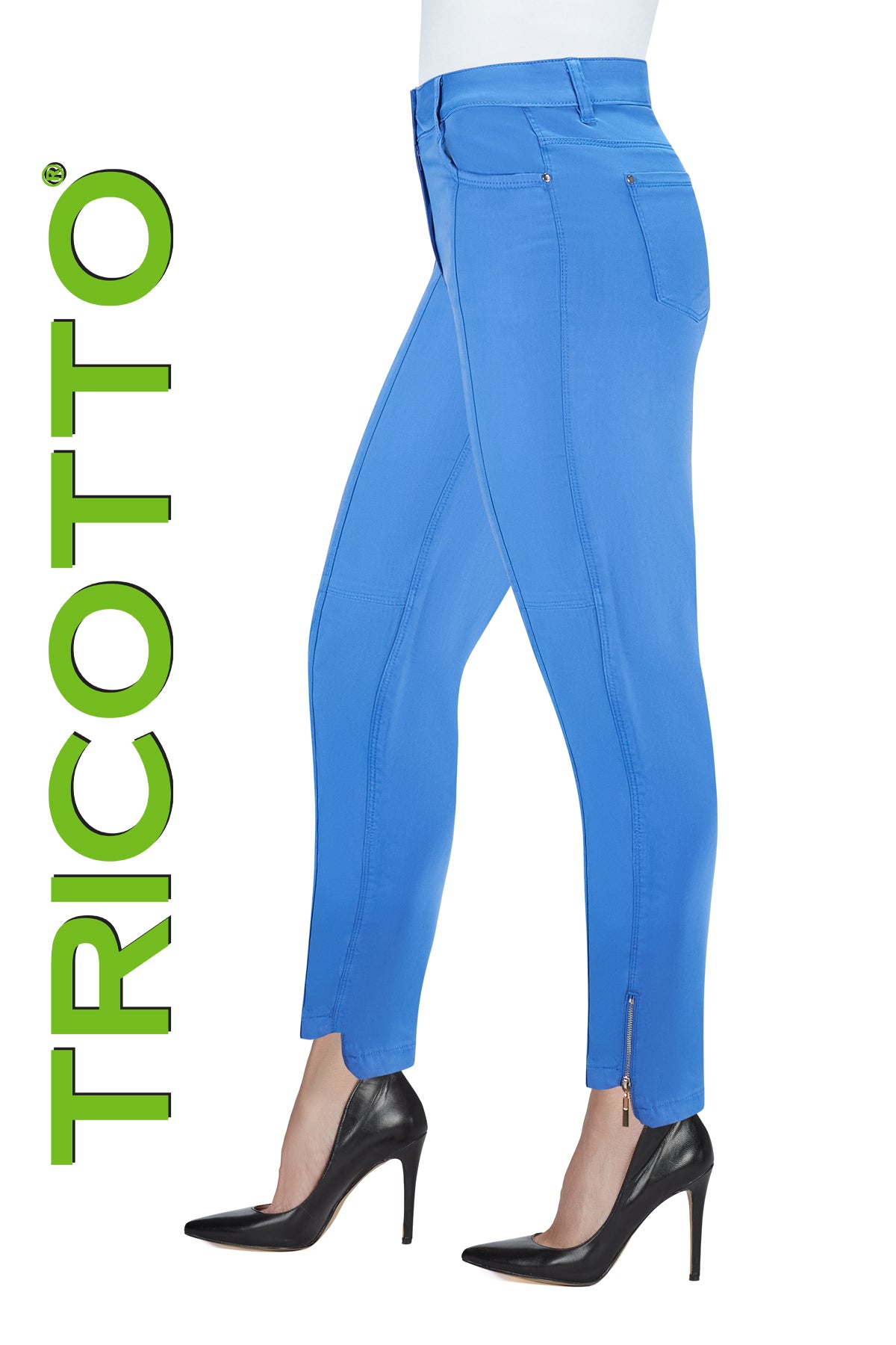 Tricotto Blue 5 pocket Pant with zipper hem detail , fly front and belt loops