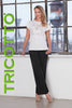 Tricotto shimmer black pinstripe pant with pockets and zip front.