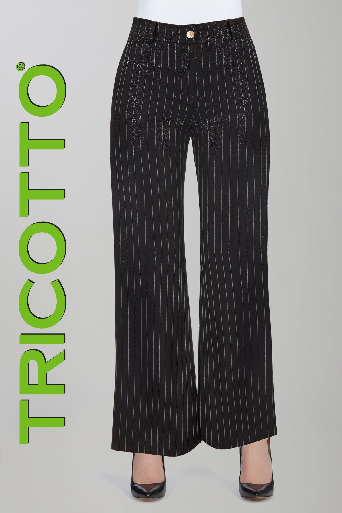 Tricotto shimmer black pinstripe pant with pockets and zip front.