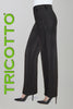 Tricotto shimmer black pinstripe pant with pockets and zip front.