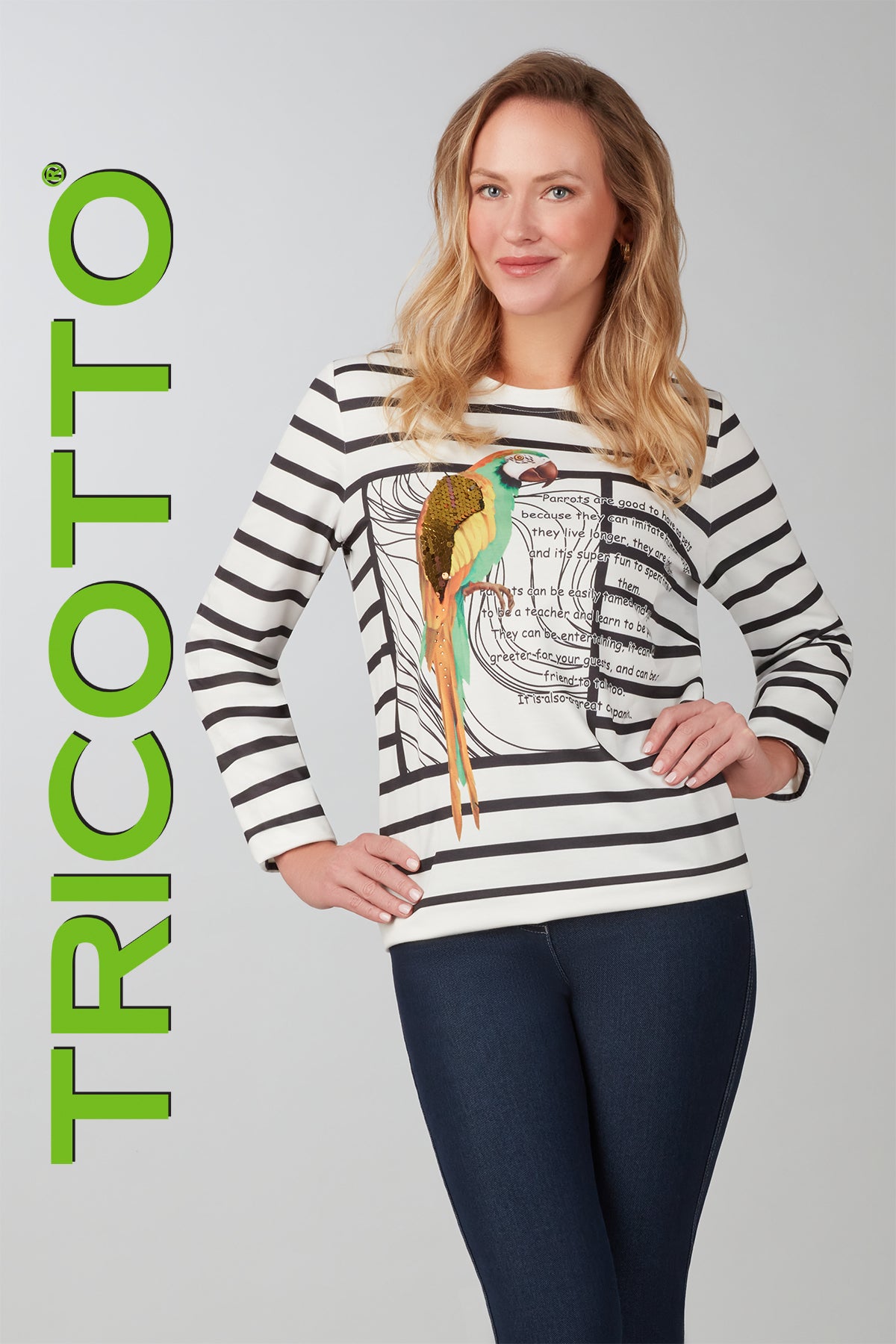 Tricotto white black striped sweater with front sequin parrot print detail