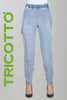 Tricotto jeans with pull on waistband and sequin pocket detail. Relaxed cargo style in soft lyocell fabric.