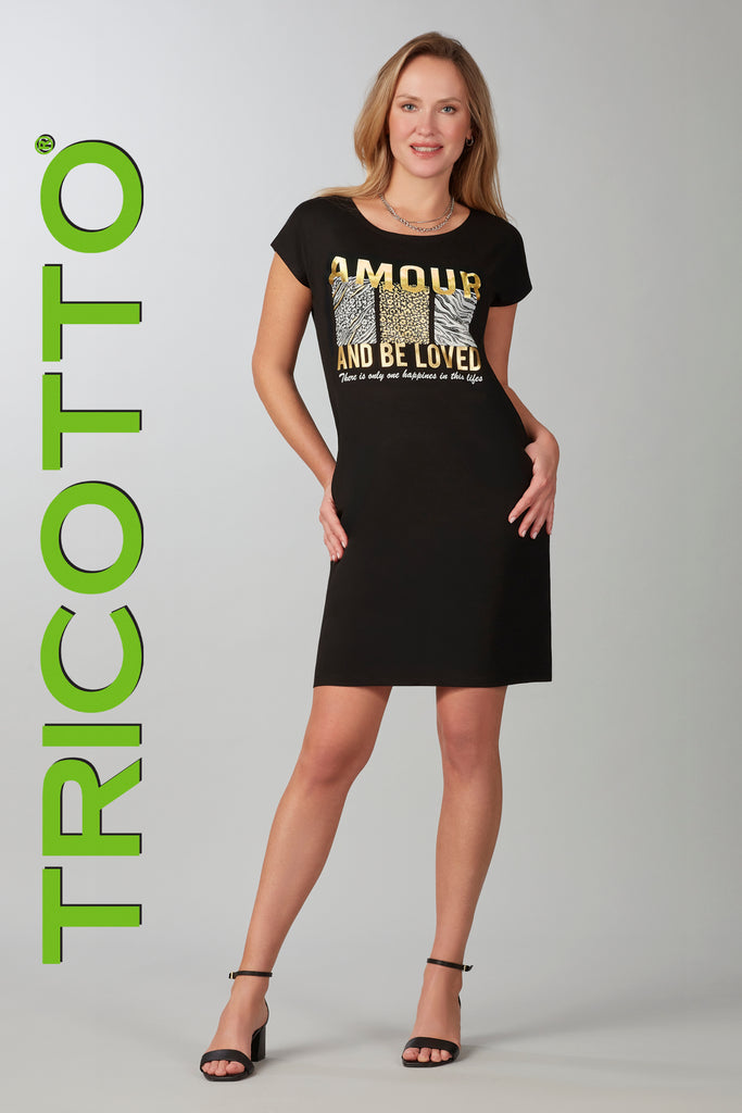 Tricotto black t-shirt dress with front sequin silver gold print detail