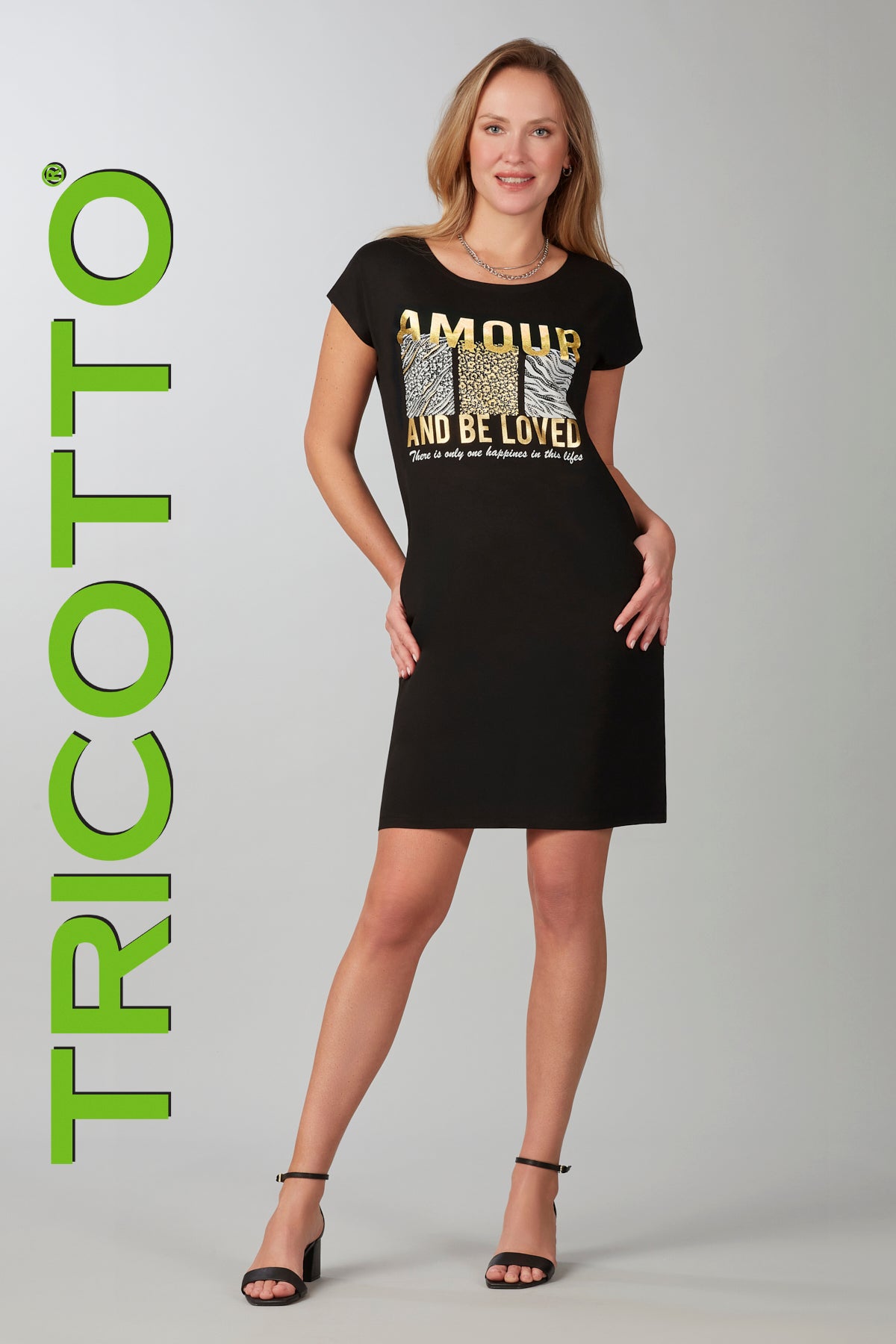Tricotto black t-shirt dress with front sequin silver gold print detail