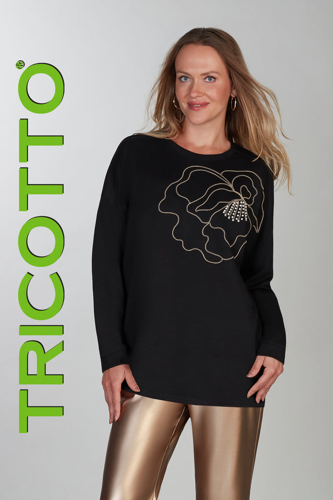Black oversized tunic with dolman sleeve and front gold sequin detail