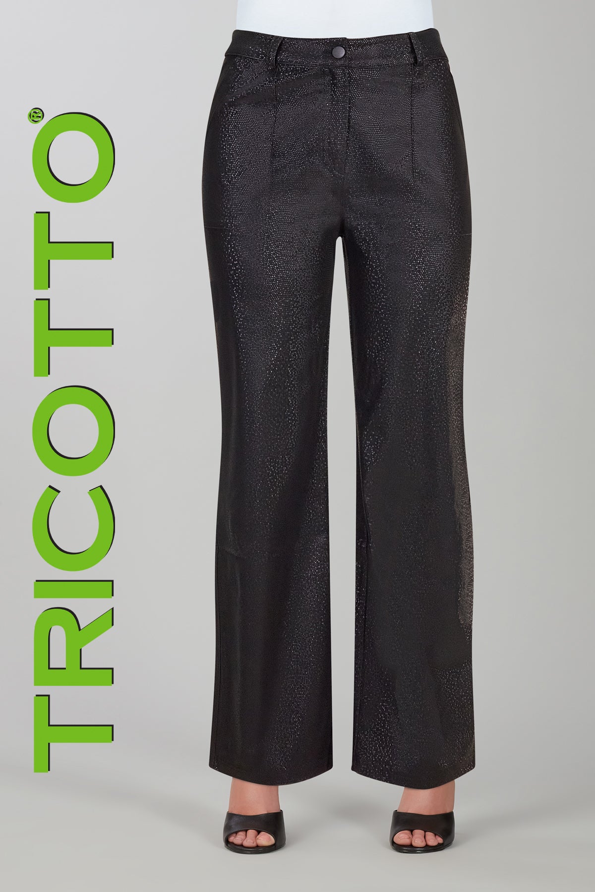 Black polyurethane pant with wide leg and print detail