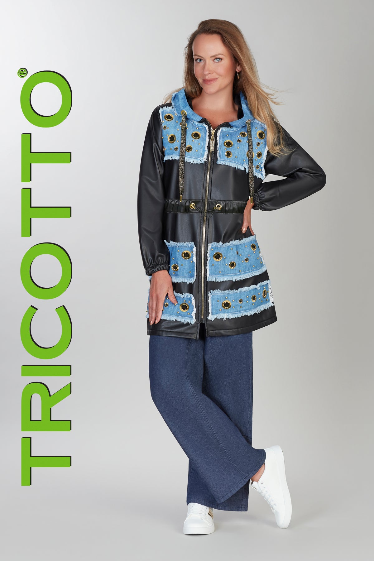 Black polyurethane hoodie coat with denim distressed detail