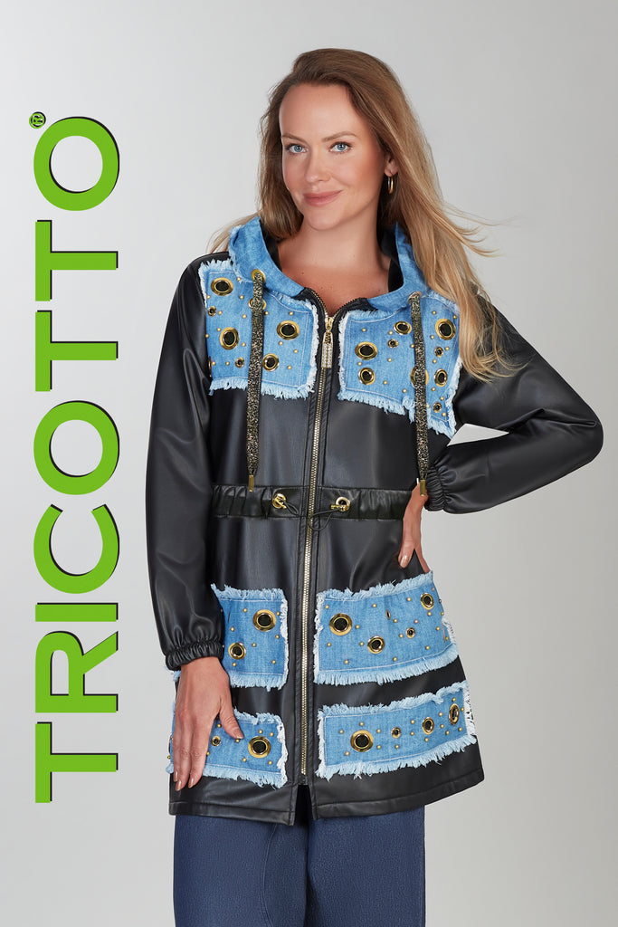 Black polyurethane hoodie coat with denim distressed detail