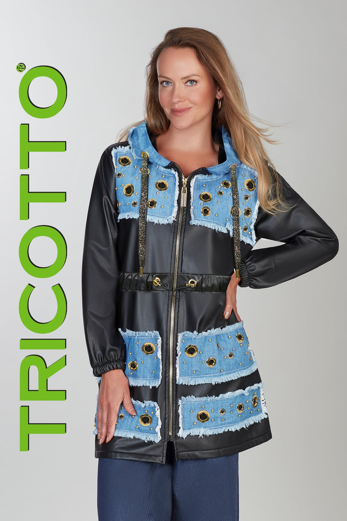 Black polyurethane hoodie coat with denim distressed detail