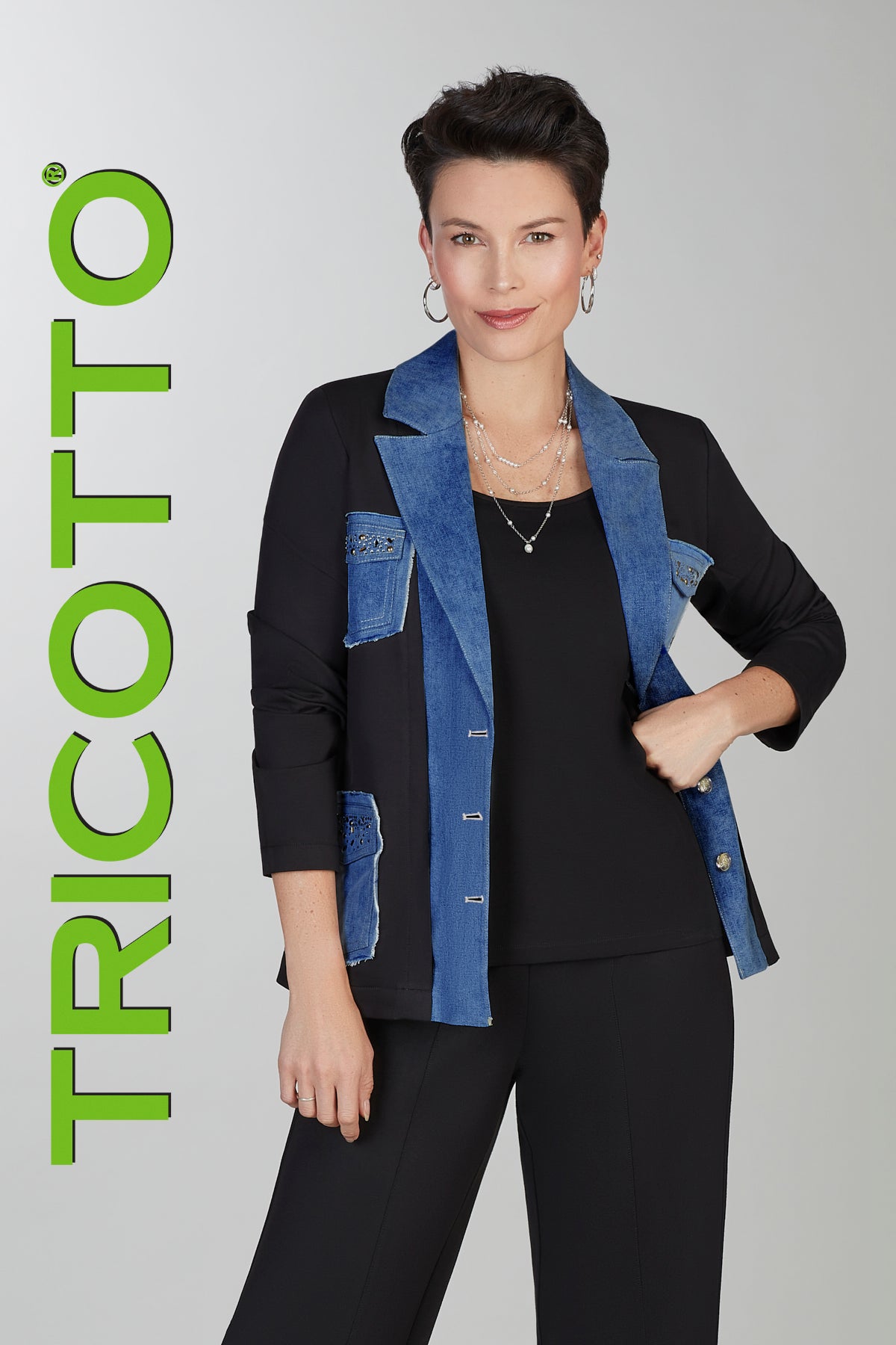 Relaxed knit blazer with denim detail and sequin pocket accents