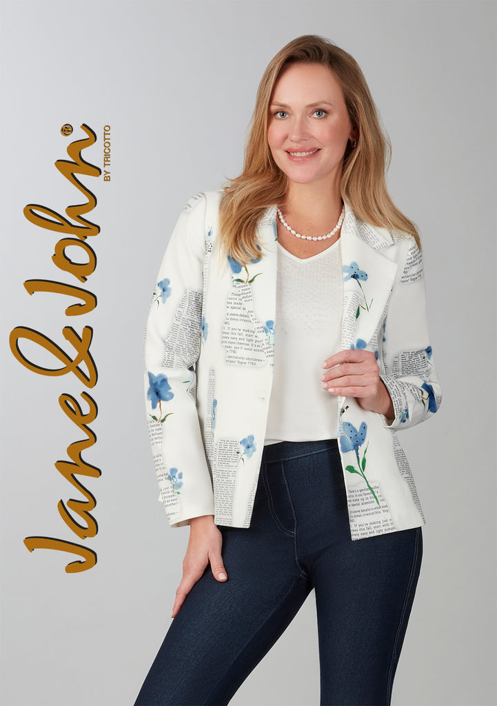 Jane & John White blue lined blazer with newspaper print on front & back