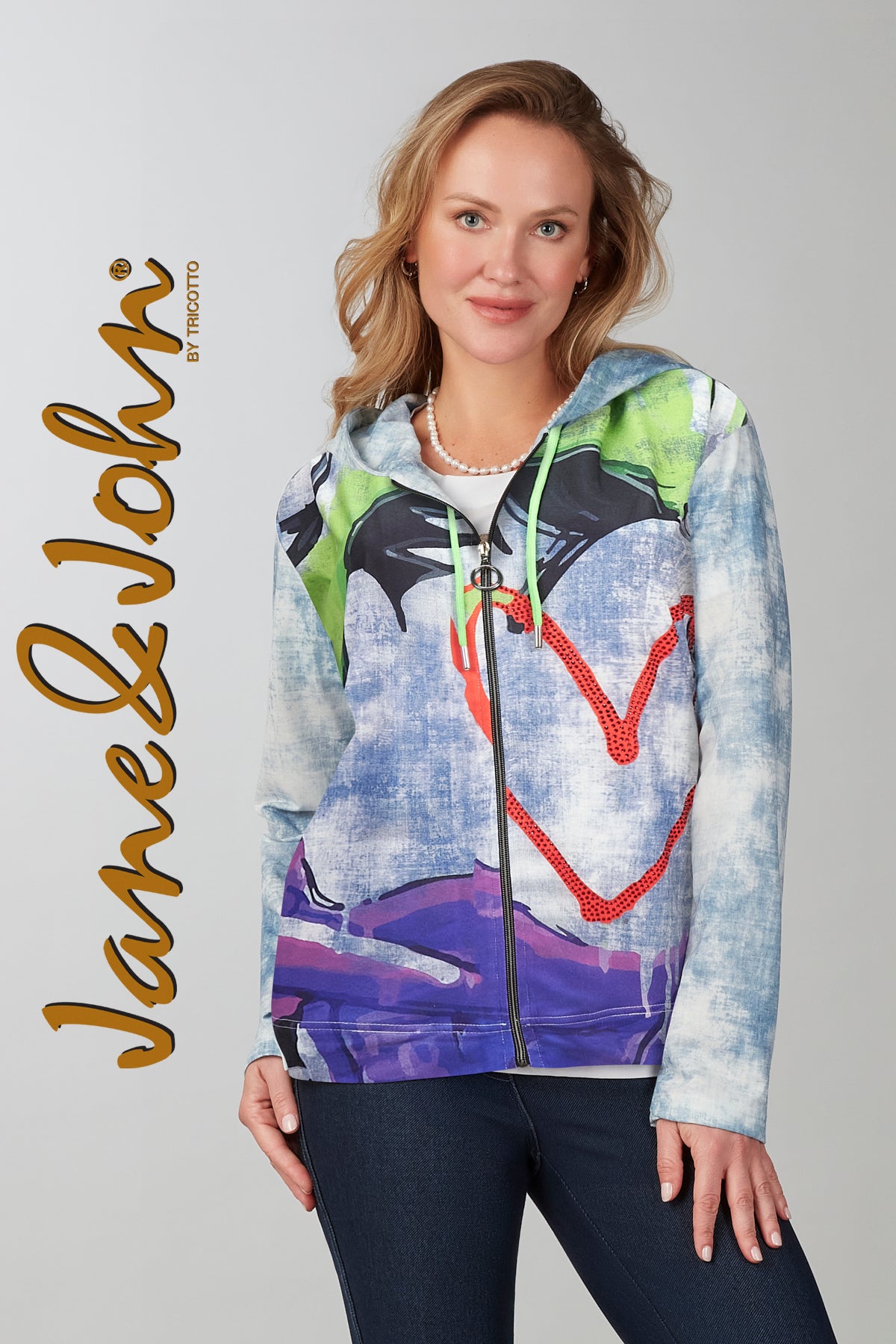 Jane & John Multi hoodie zip front sweater in bright vivid colors