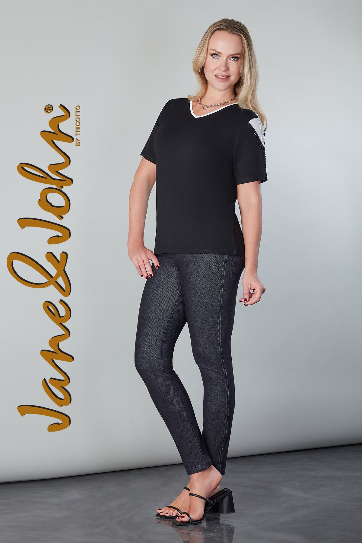 Jane & John Black V-neck T-shirt with Silver Shoulder Sequin Detail