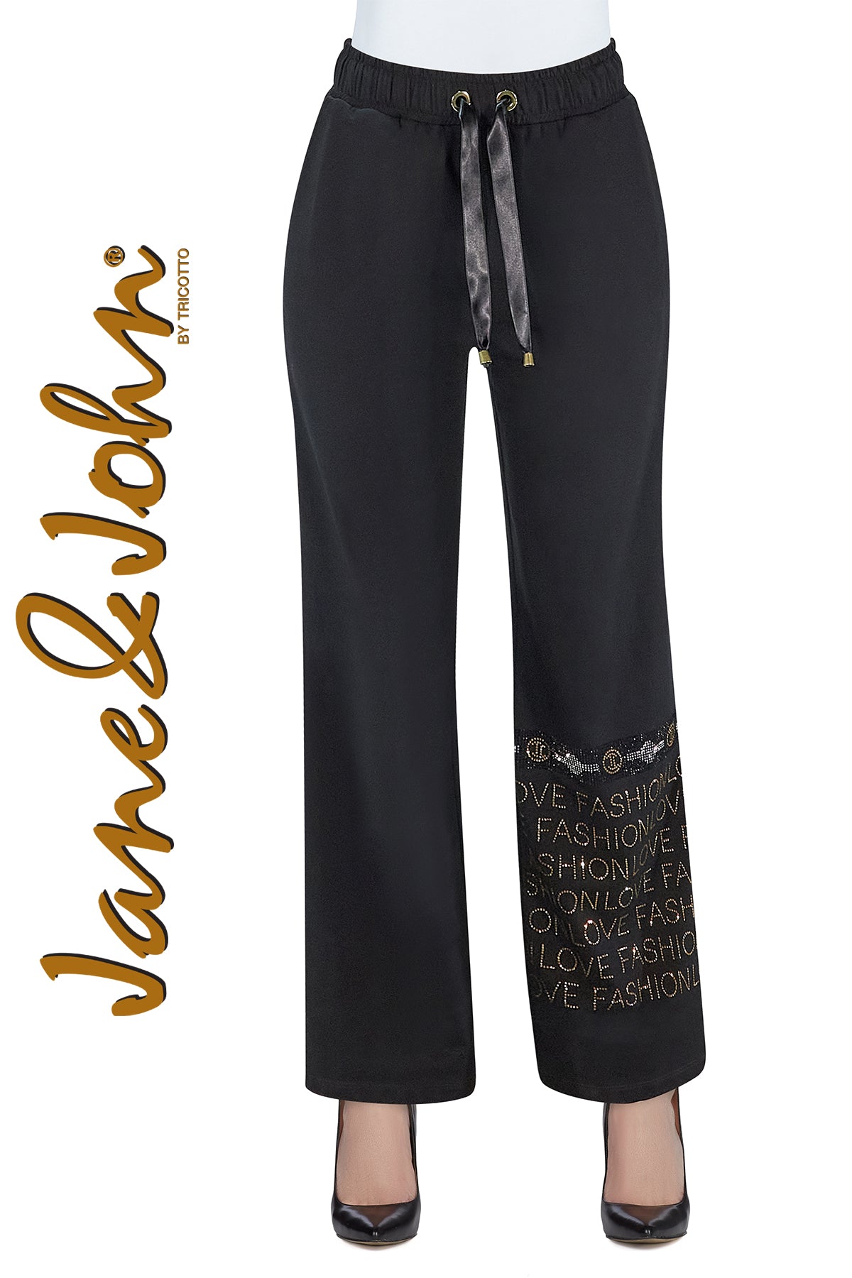 Jane & John Relaxed Knit Pant With Silver Gold Sequin Fashion Print Detail On Front