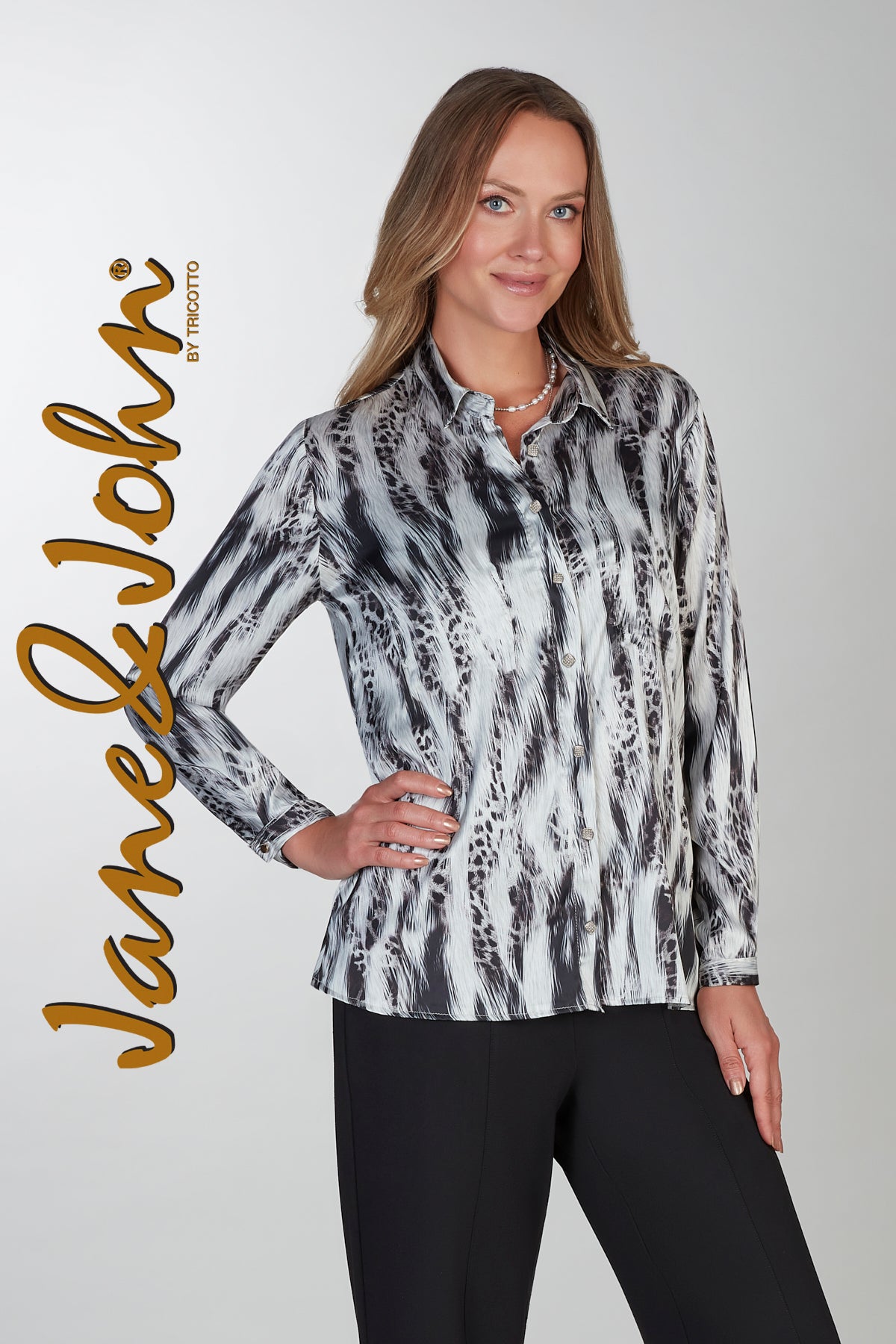 Jane & John Black grey blouse in flattering silhouette
