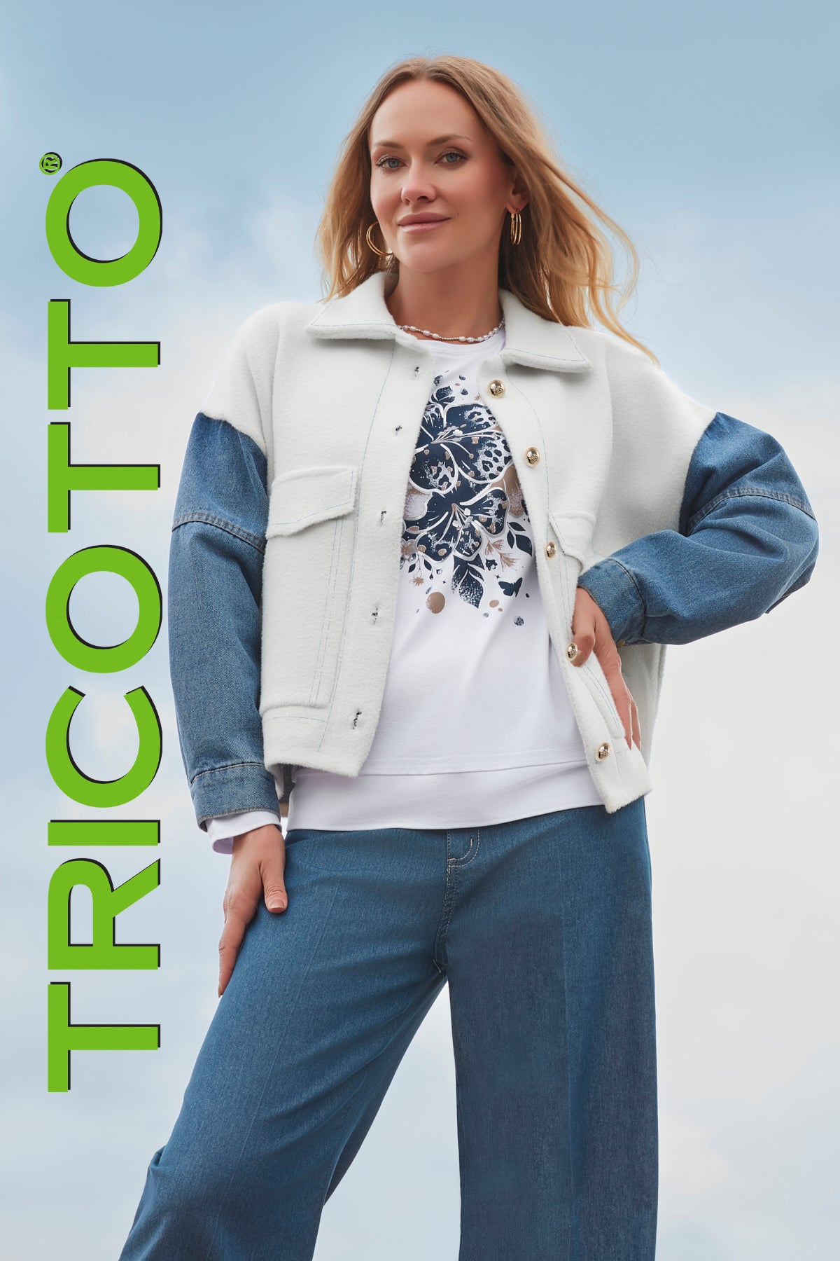 Off white eyelash knit cardigan sweater with denim drop sleeves