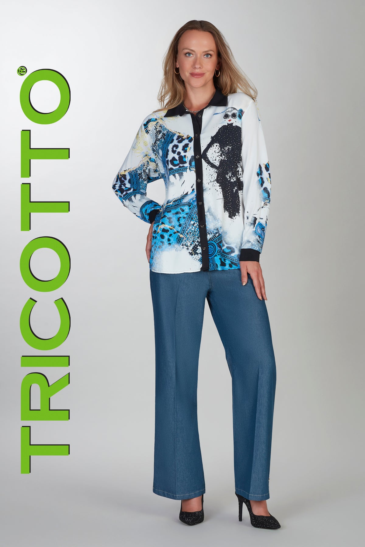 Blue black high fashion blouse with sequin accent on front and back