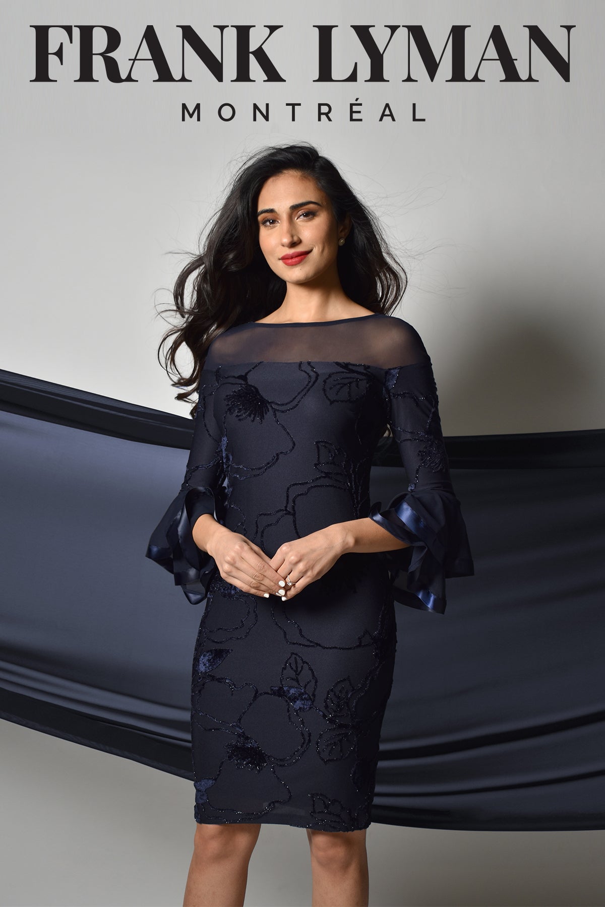 Frank Lyman Navy embroidered knit dress with sleeve detail