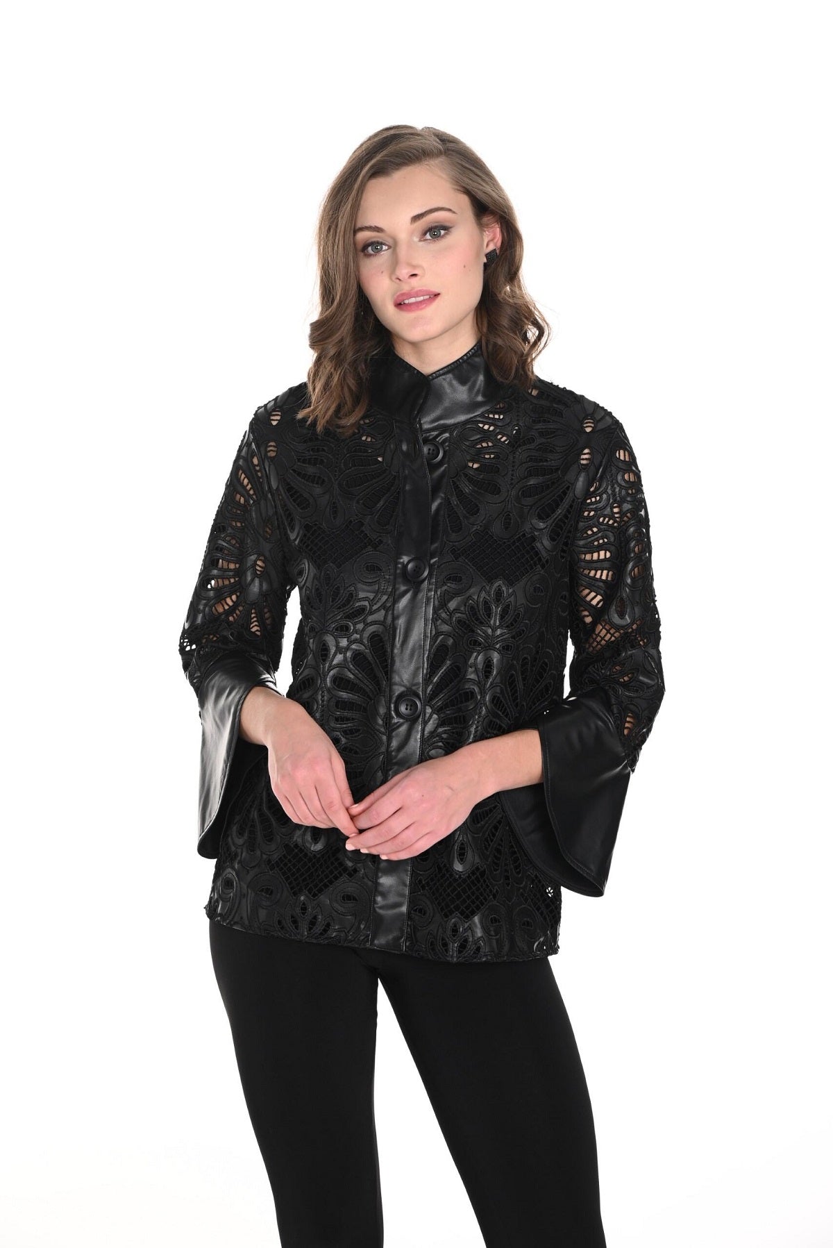 Frank Lyman Montreal Black Lace Polyurethane Jacket with tulip sleeve detail