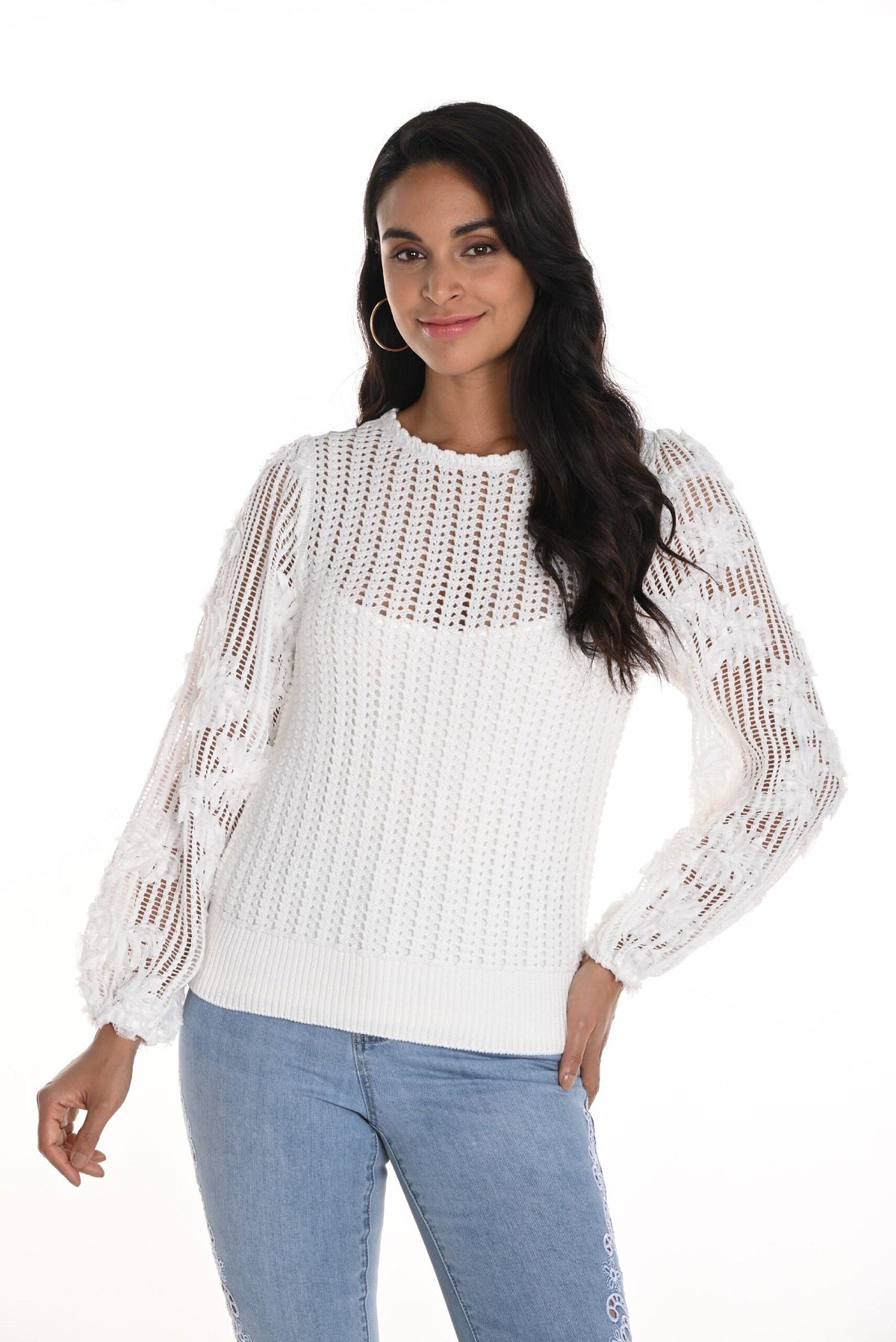 Frank Lyman Montreal off white loose weave sweater with floral arm detail