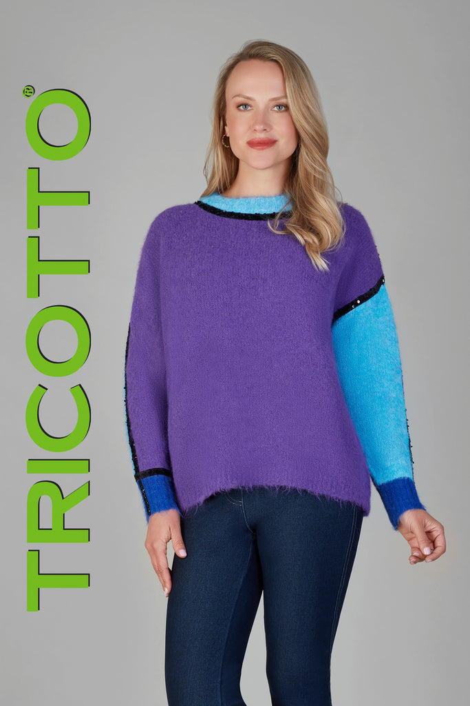 Tricotto purple black sweater with black sequin trim detail