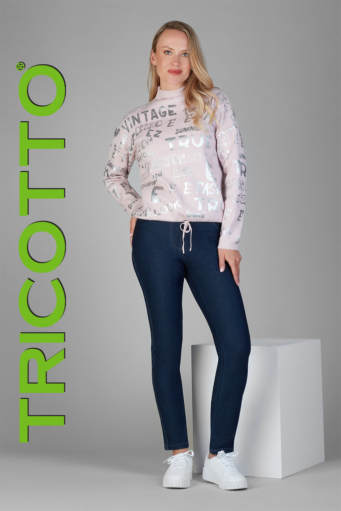 Tricotto mock neck pink sweater with fashion print detail on front & back