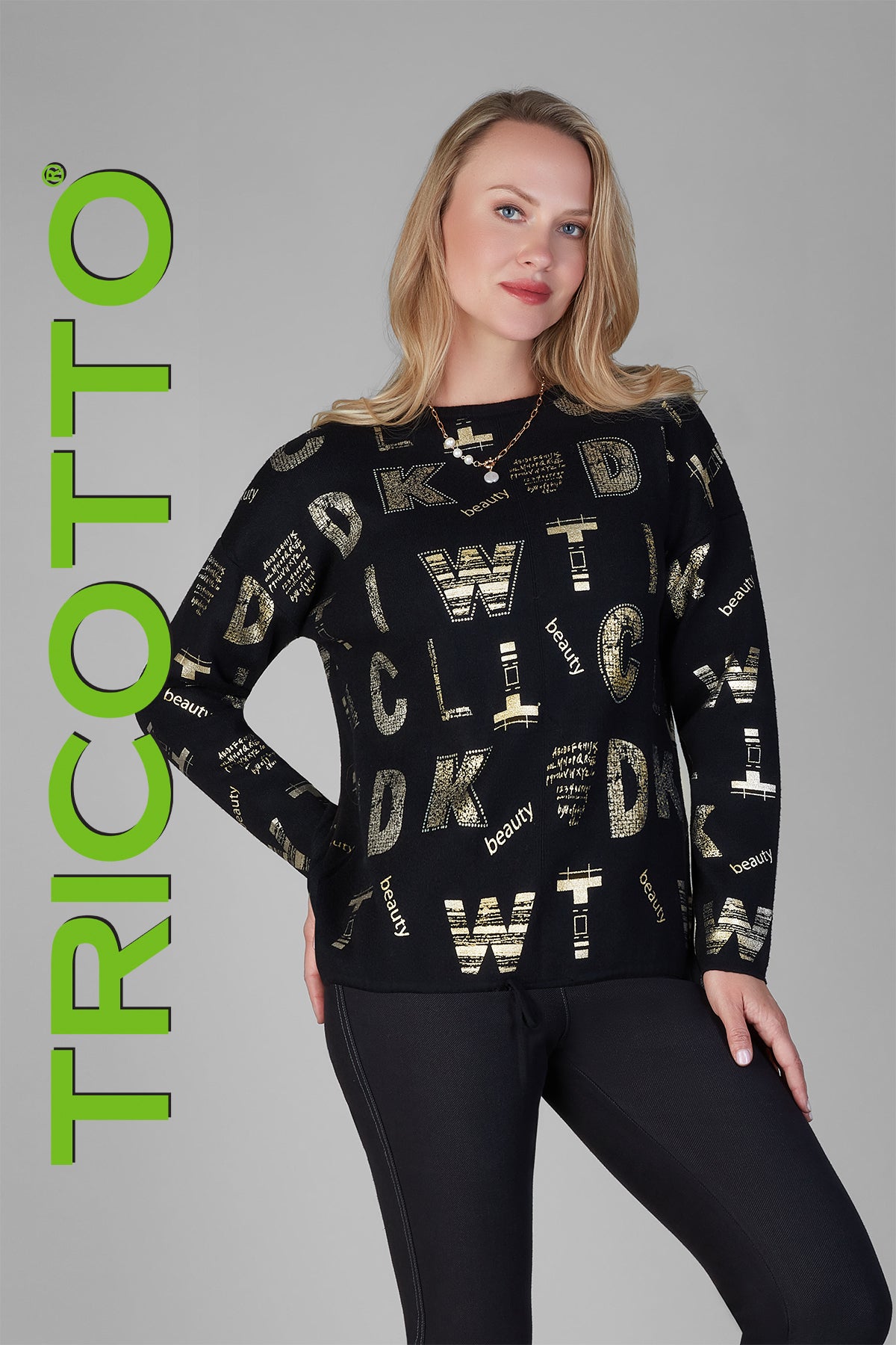 Tricotto Black sweater with gold sequin fashion print detail on front & back