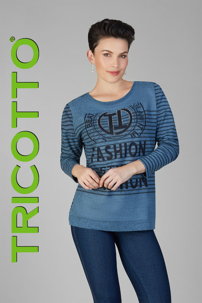 Tricotto Blue sweater with front sequin fashion print detail